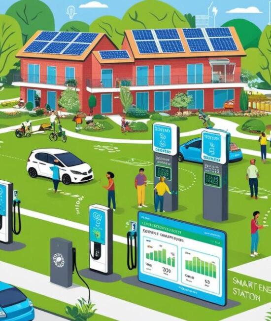 Auto elettrica in città con colonnina di ricarica e persone che camminano