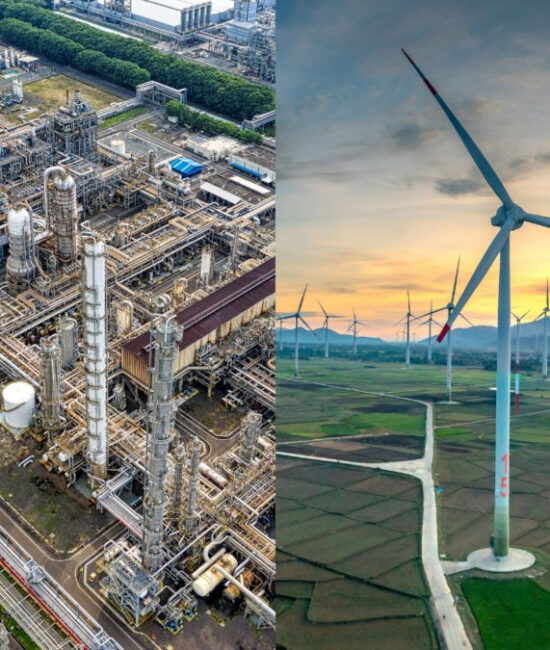 Centrale termoelettrica a gas accanto a un impianto eolico, simbolo del dibattito tra fonti fossili e rinnovabili nel Decreto Bollette