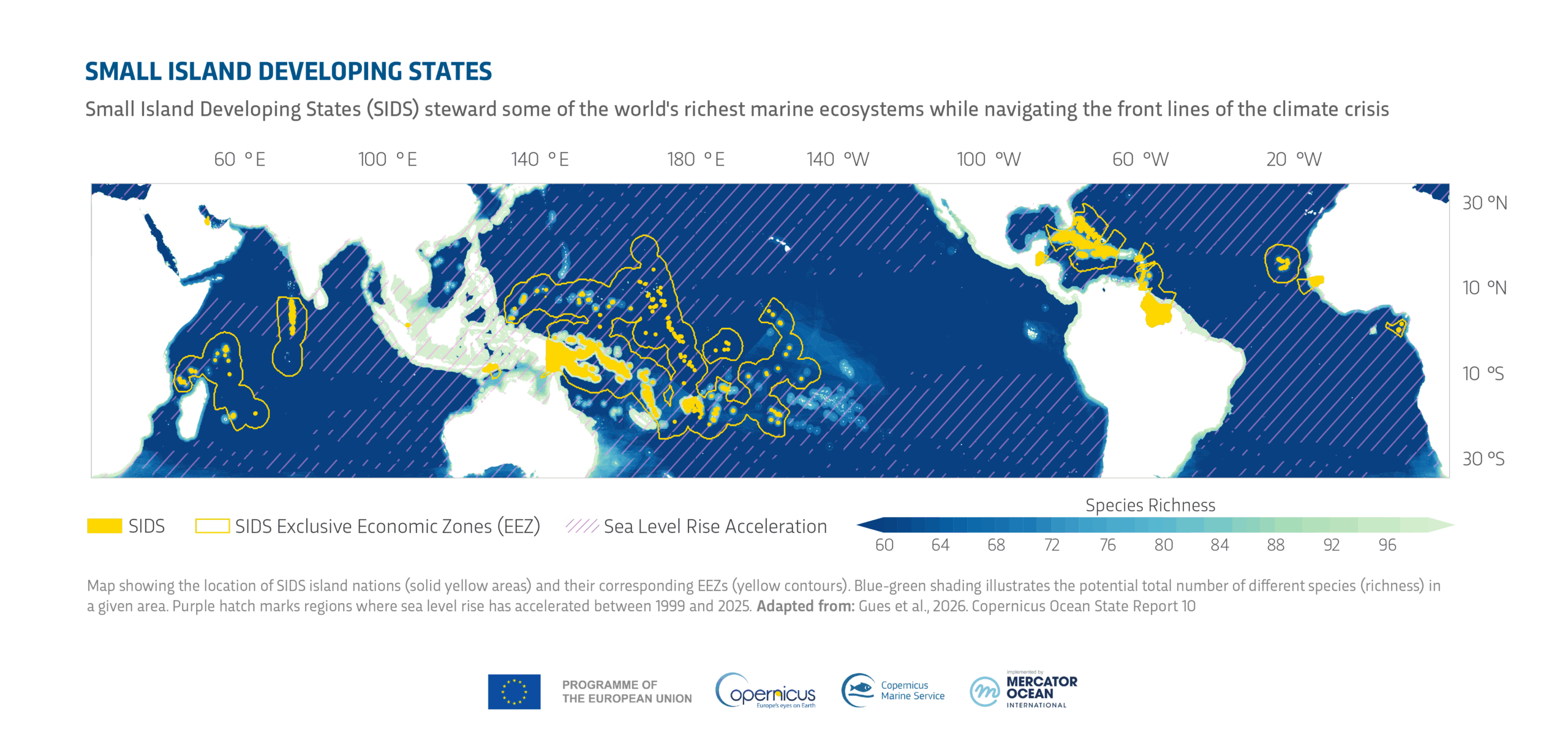 Map showing the location of SIDS nations (solid yellow) and their correspondent EEZs (yellow contours).
